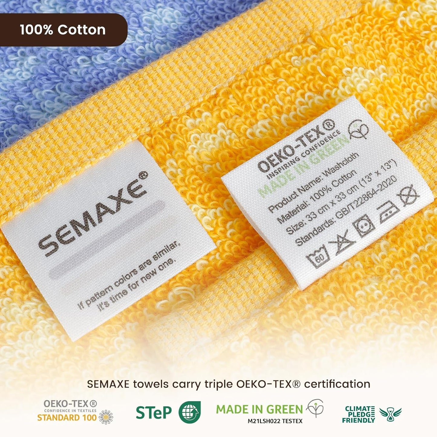 SEMAXE 100% Cotton Washcloths 12-Pack, 13 × 13 Inch Soft Luxury Face Towels – Super Absorbent & Quick-Dry, Premium Cloth with Hanging Loop, Oeko-TEX Certified, Gift-Ready Box