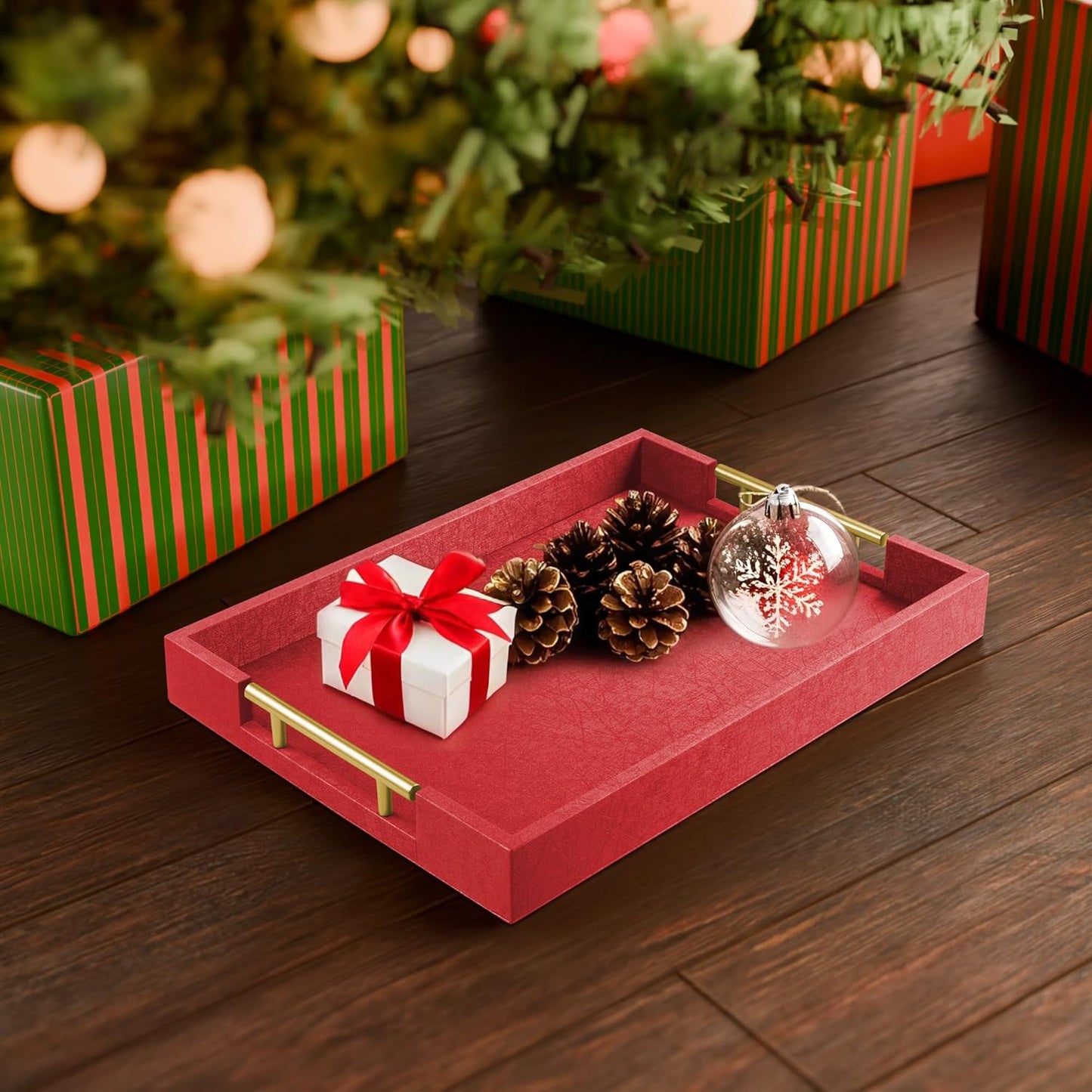 17" x 12" Wood Serving Tray with Gold Polished Metal Handles, Home Decorative Wooden Rectangle Ottoman Leather Decor Platter Bathroom Vanity Tray for All Occasions Red