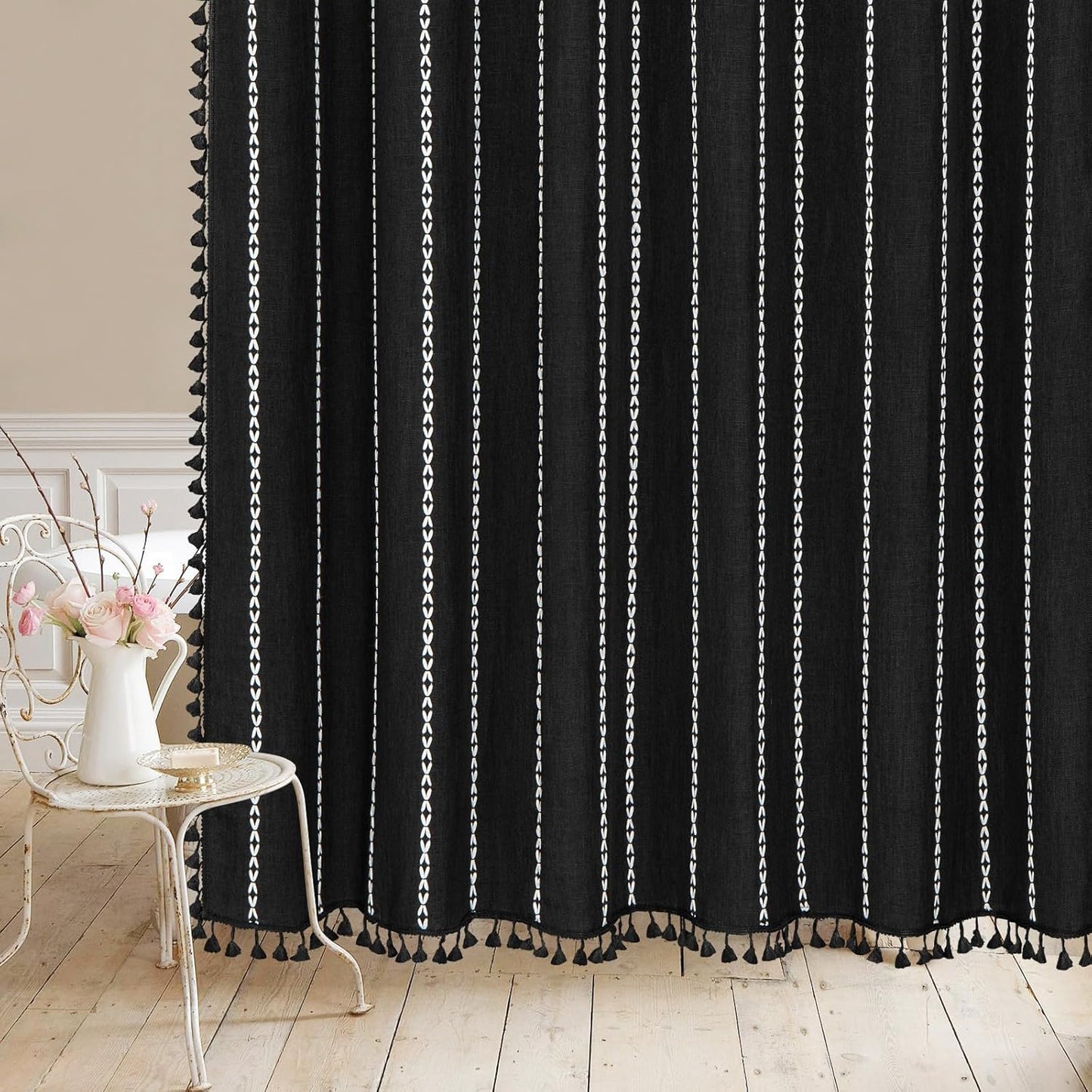 MitoVilla Boho Extra Long Shower Curtain 72 x 96, Black Modern Farmhouse 96 inch XL Polyester Linen Texture Tassel Fabric Shower Curtain Set with Hooks for Cottagecore Country Bathroom Decor,Black