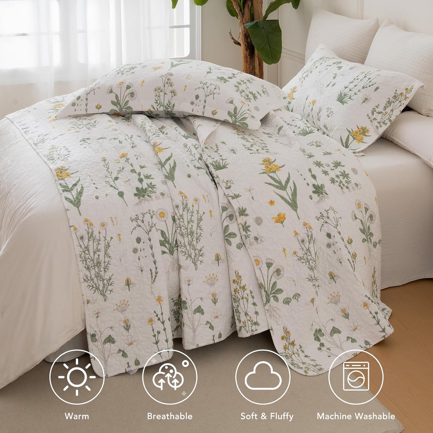 Lady Ann Cotton King Size Quilt Set - Yellow Floral & Green Leaves Pattern Botanical Printed Quilted Coverlet, 3 Pcs Lightweight Soft Cottagecore King Bedspread Set Shabby and Chic Bedding