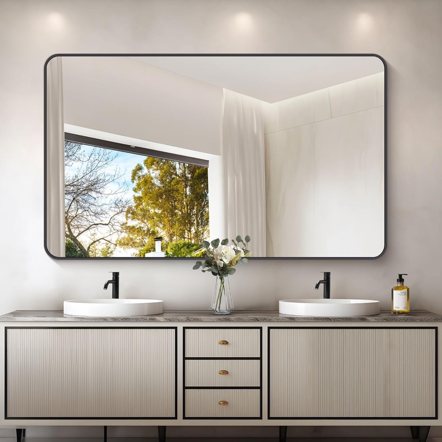 60" x 36"Bathroom Mirror, Matte Black Wall Mirror with Metal Frame, Decorative Rectangular Vanity Mirror for Bedroom Bathroom Living Room Entryway (Horizontal/Vertical)