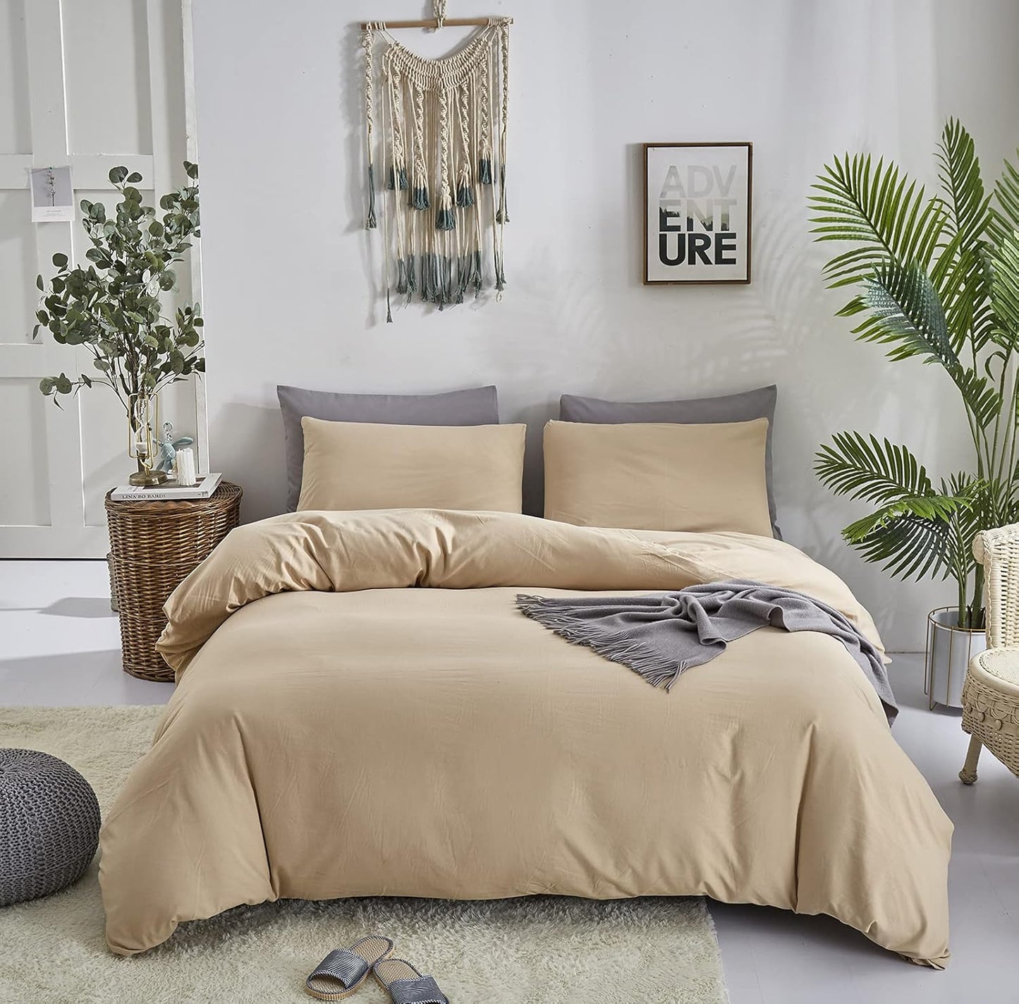 Cottonight Champagne Comforter Set Queen Beige Khaki Bedding Set Full Solid Taupe Blanket Quilts Soft Breathable Beige Sand Color Deep Champagne Modern Comforter Set for Women Men
