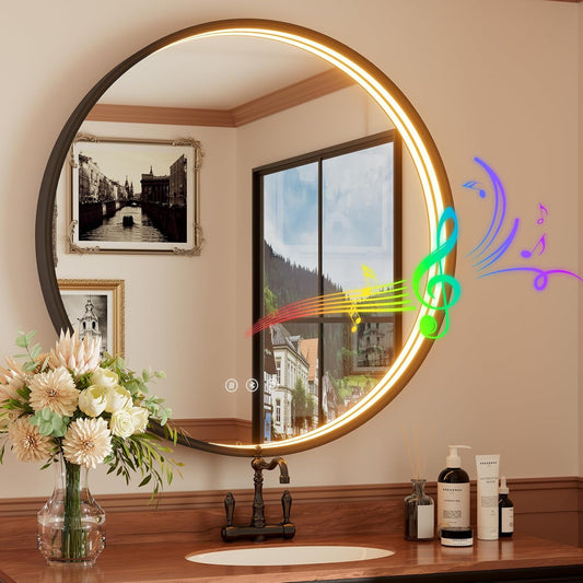 36 Inch Round LED Bathroom Mirror with Bluetooth, Black Lighted Bathroom Mirror Wall Mounted, Dimmable, Anti-Fog, 3000K/4500K/6000K