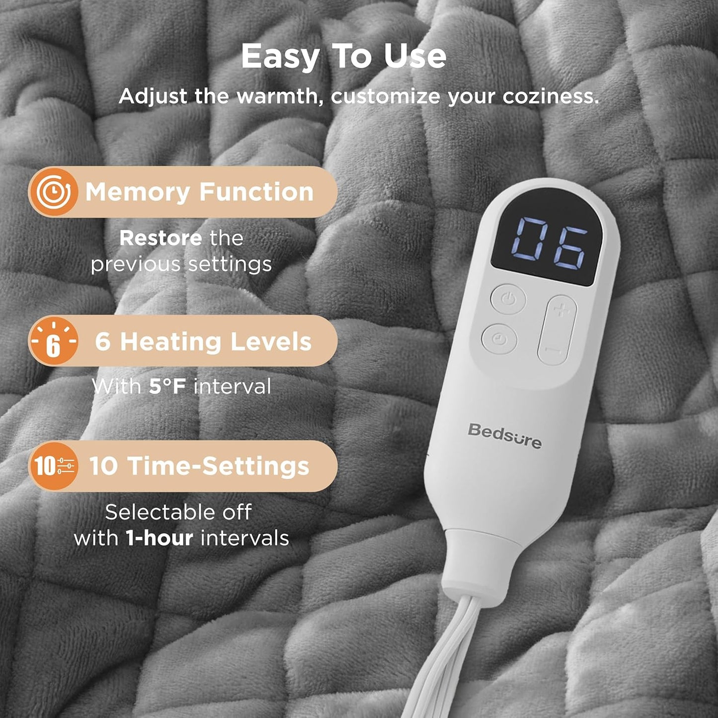 Bedsure Electric Blanket Twin - Quilted Heated Blanket Twin Size, Soft Flannel Thick Heating Blanket with 10 Time Settings & 6 Heat Settings, Warm Gifts for Women Men (62x84 inches, Formal Gray)