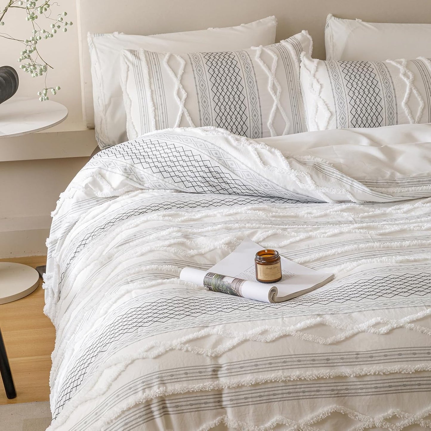 KAREVER Ivory Black Boho Comforter Set Twin Mixed Textures Jacquard Bedding Set Durable Chic and Stylish Bedroom Set