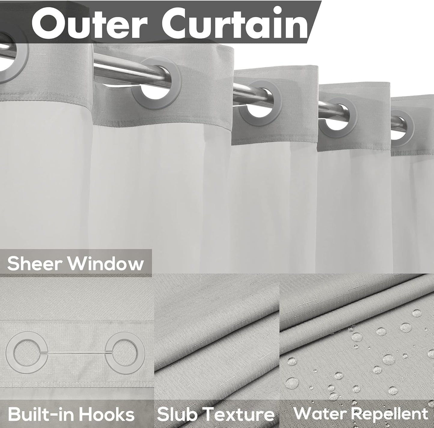 Extra Long No Hook Slub Textured Shower Curtain with Snap-in PEVA Liner Set - 71" x 98"(96"), Hotel Style with See Through Top Window, Grey Fabric Curtain & Waterproof Liner, Gray, 71x98