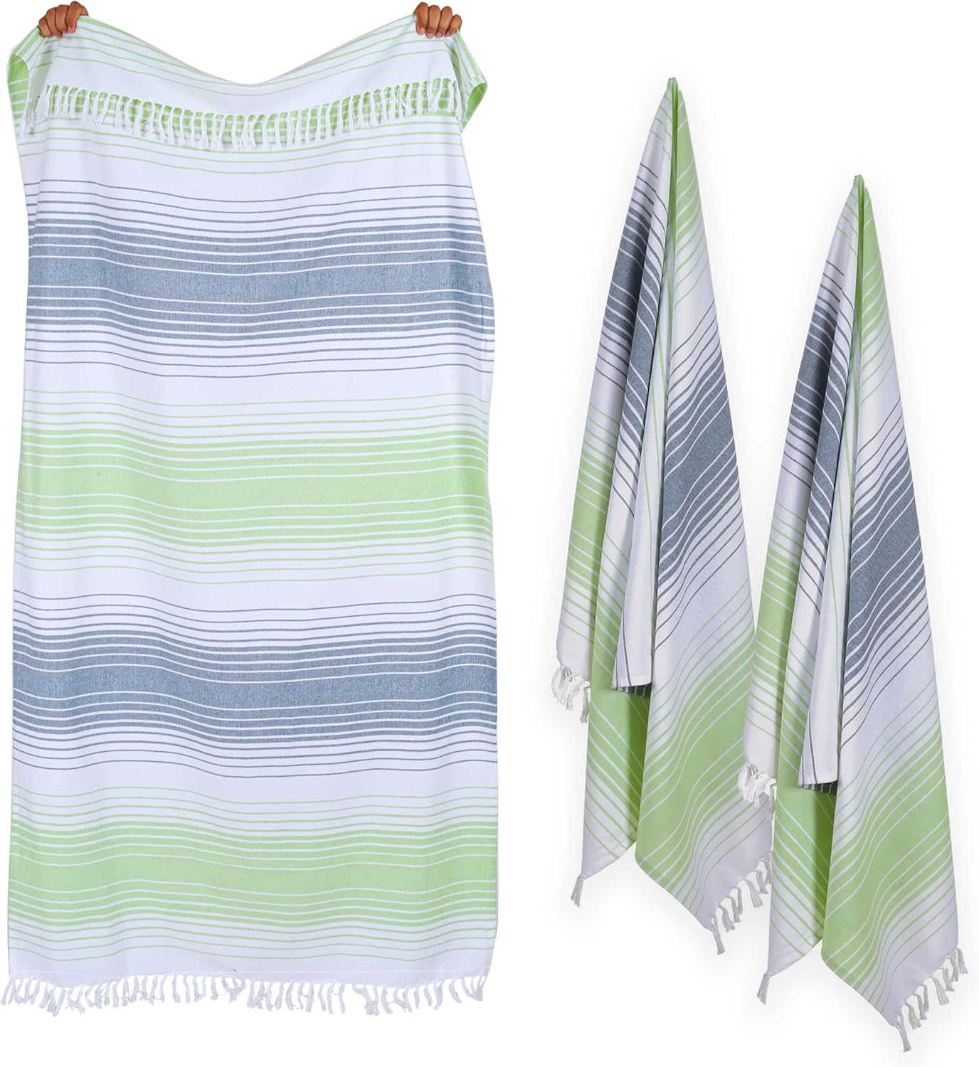 Native Fab 100% Cotton Peshtemal Turkish Bath and Beach Towels Set of 2, Large 40x71 Travel Sarong Gym Pool Spa Towels, Ultra Soft Quick Dry Absorbent Fouta Hammam Peshtemal Towels Green White