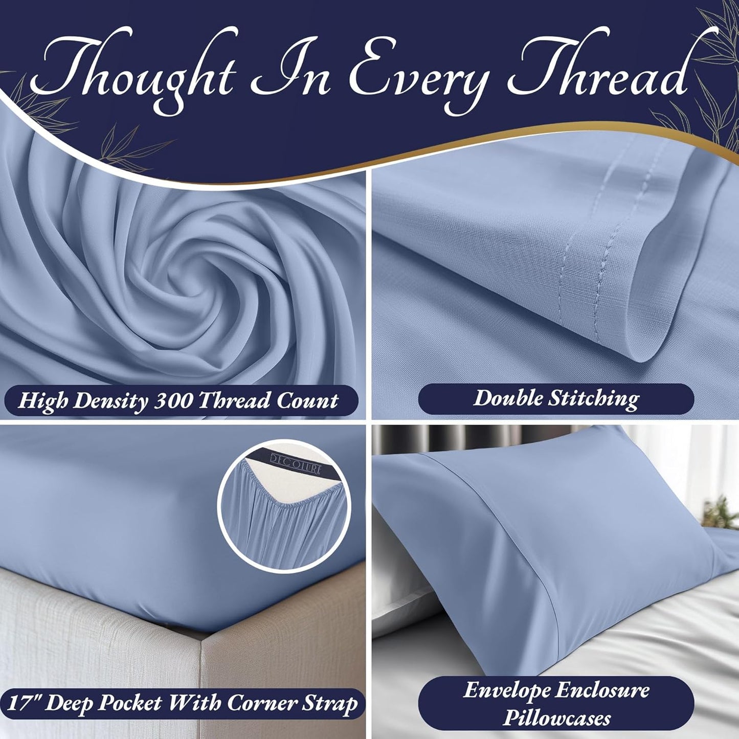 DECOLURE 100% Viscose Derived from Bamboo Sheets Queen Size 4pcs - Ultra Soft & Luxuriously Cooling, 17" Deep Pocket, Double Stitching, Perfect for Hot Sleepers - Queen Bed Sheets (Light Blue)