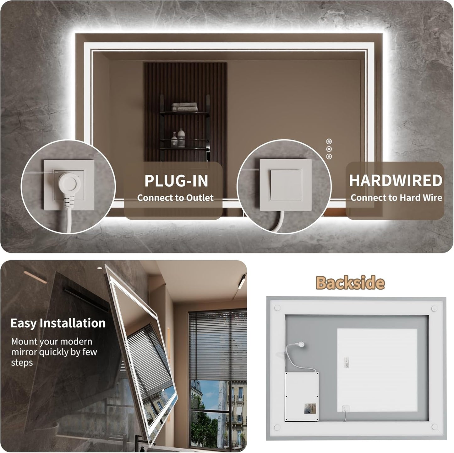 Bathroom Mirror with Lights 32"X48" with Front Light and Backlit, Tempered Glass, Wall Mount Horizontal/Vertical, Stepless Dimmable, 3 Colors, Anti Fog, Bathroom Memory LED Mirror