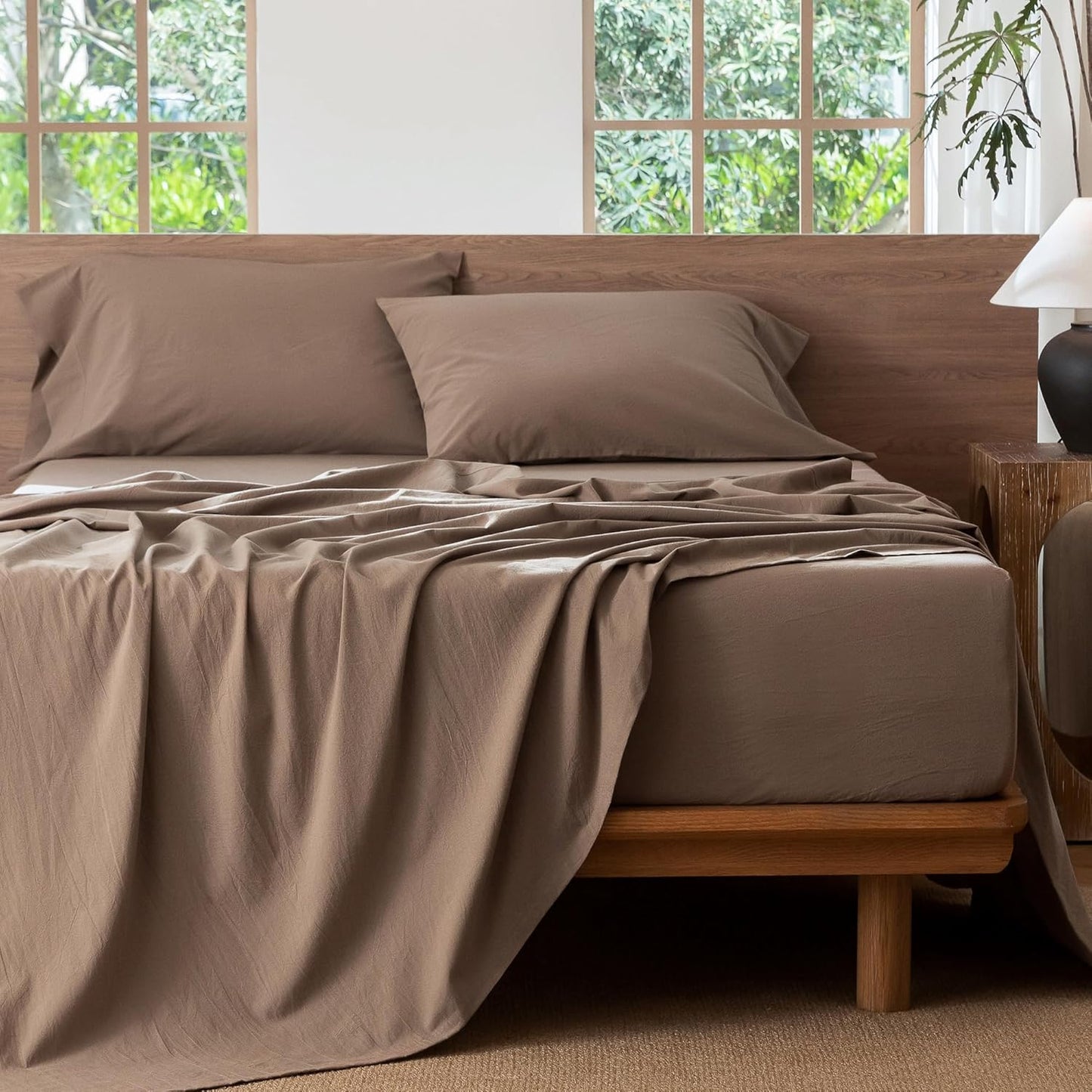 MooMee Bedding Sheet Set 100% Washed Cotton Linen Like Textured Breathable Durable Soft Comfy (Solid Brown, Full)