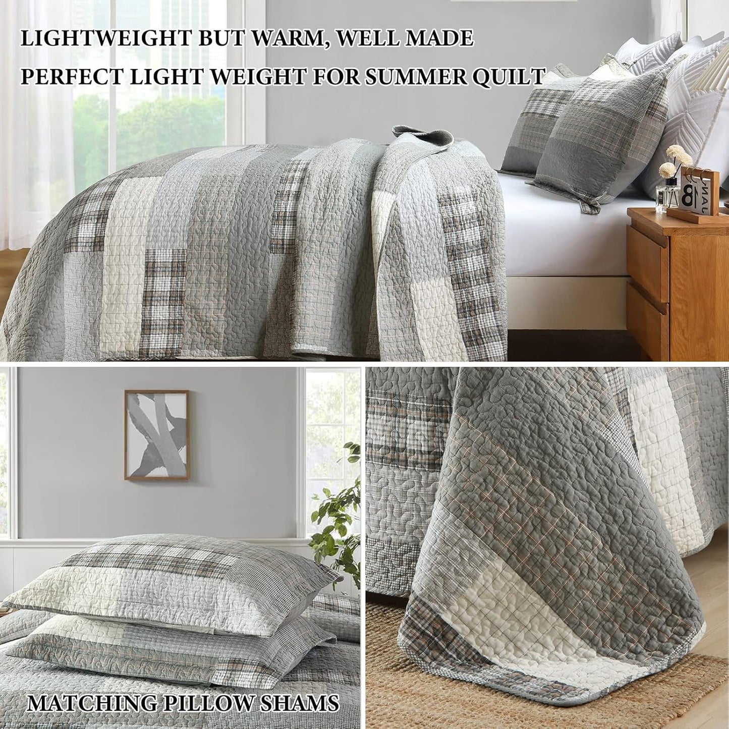 Y-PLWOMEN Quilt King Size - 100% Cotton Grey King Quilt Farmhouse Plaid Quilted Bedspread, 3 Pieces Lightweight Reversible King Size Quilt Bedding Set for All Season