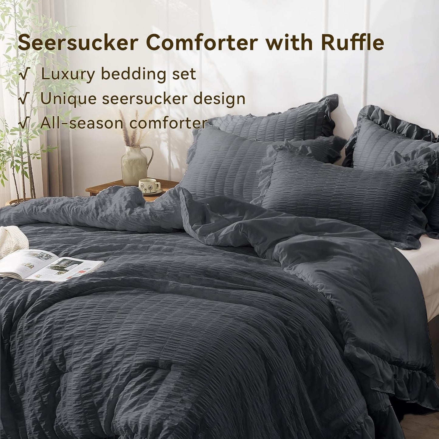 JOLLYVOGUE Dark Gray Queen Comforter Set, 3 Pieces Seersucker Bedding Comforter Sets, All Season Bed in a Bag Queen, Lightweight & Fluffy Queen Bedding Set with 1 Comforter, 2 Ruffle Pillowshams