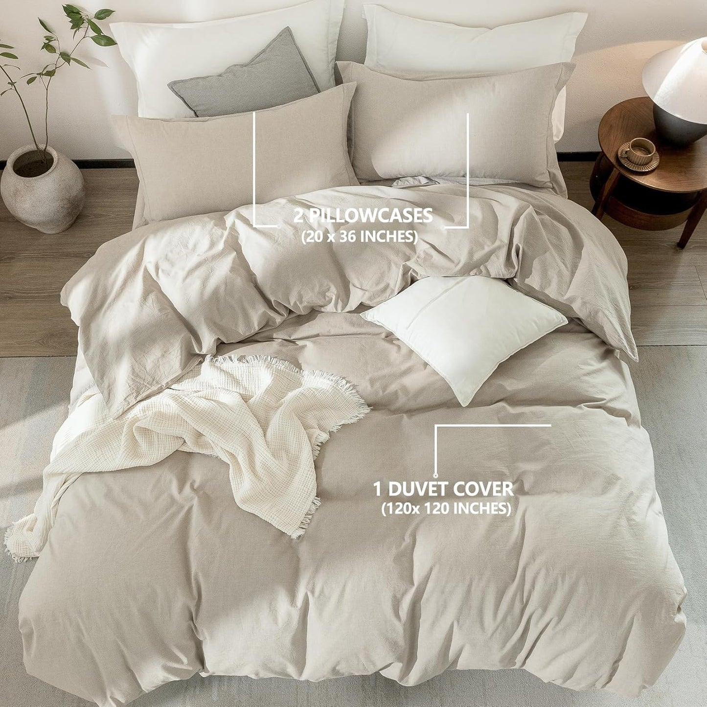 Linen Grey Duvet Cover Super King Plus Size 120inch x 120inch,100% Washed Cotton Duvet Cover with Zipper Closure and 2 Pillowcases, Color of New Nature Linen