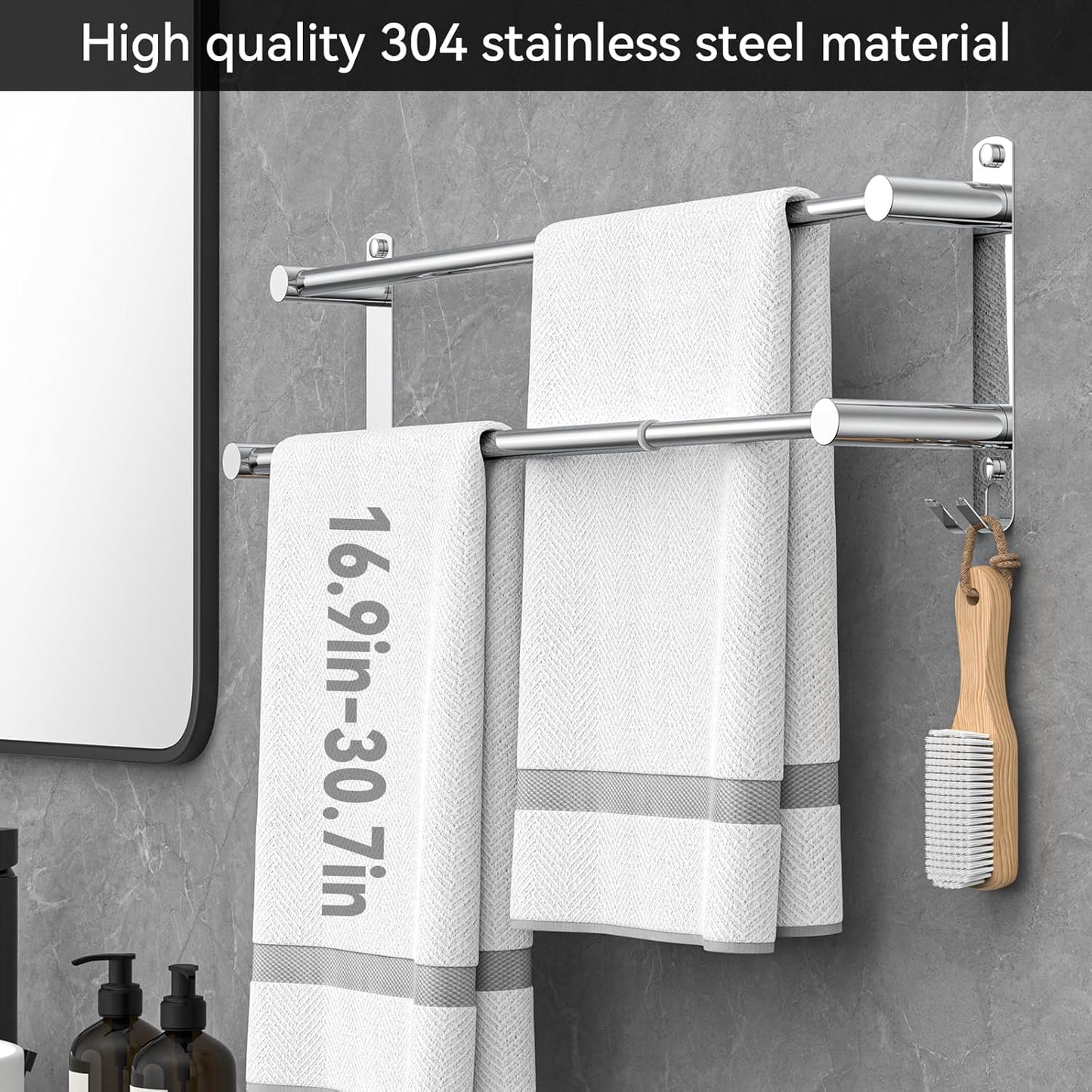 Adjustable Towel Bar for Bathroom Wall Mount17-30.7inch Adhesive Shower Towel Rack Stainless Steel Bath Towel Holders for Toilet Kitchen Double Towel Hanger (2 Layer)