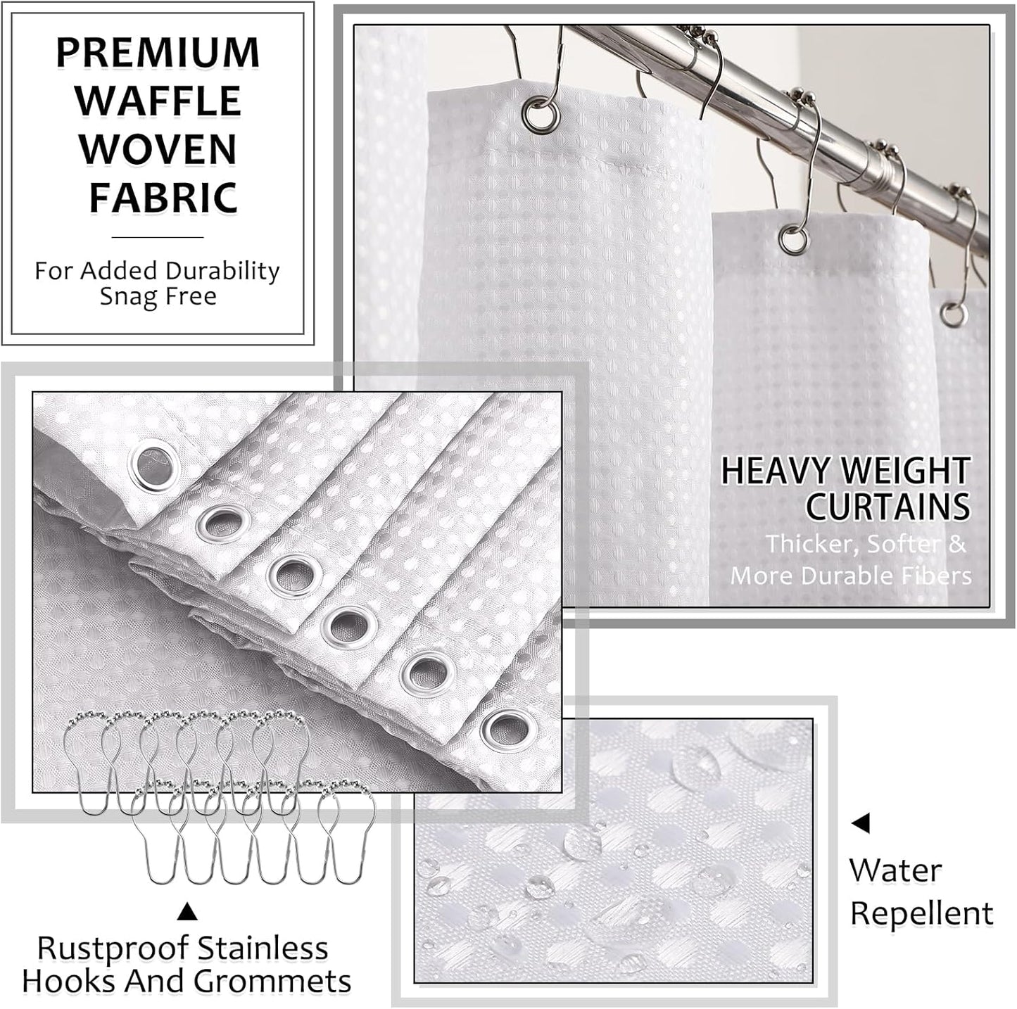 8-Piece White Bathroom Set - Resin Bathroom Accessories Sets Complete with Shower Curtain and Rugs, Soap Dispenser, Toothbrush Holder, Cup, Tray & Cotton Swab Jars