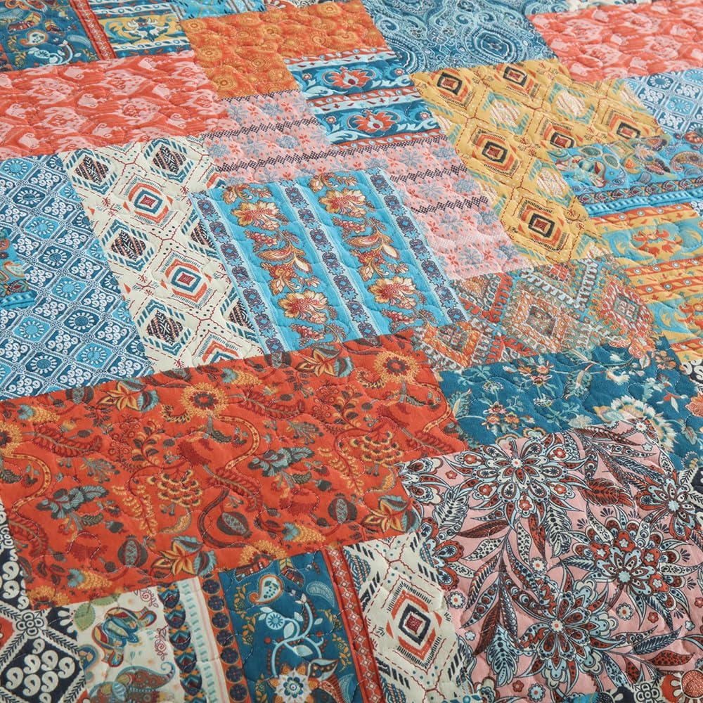 ENASAL Cotton Bedspread Quilt Bedding Sets Reversible Coverlet Comforters Vintage Bohemian Patchwork Pattern Bedspread for All Season, King Size