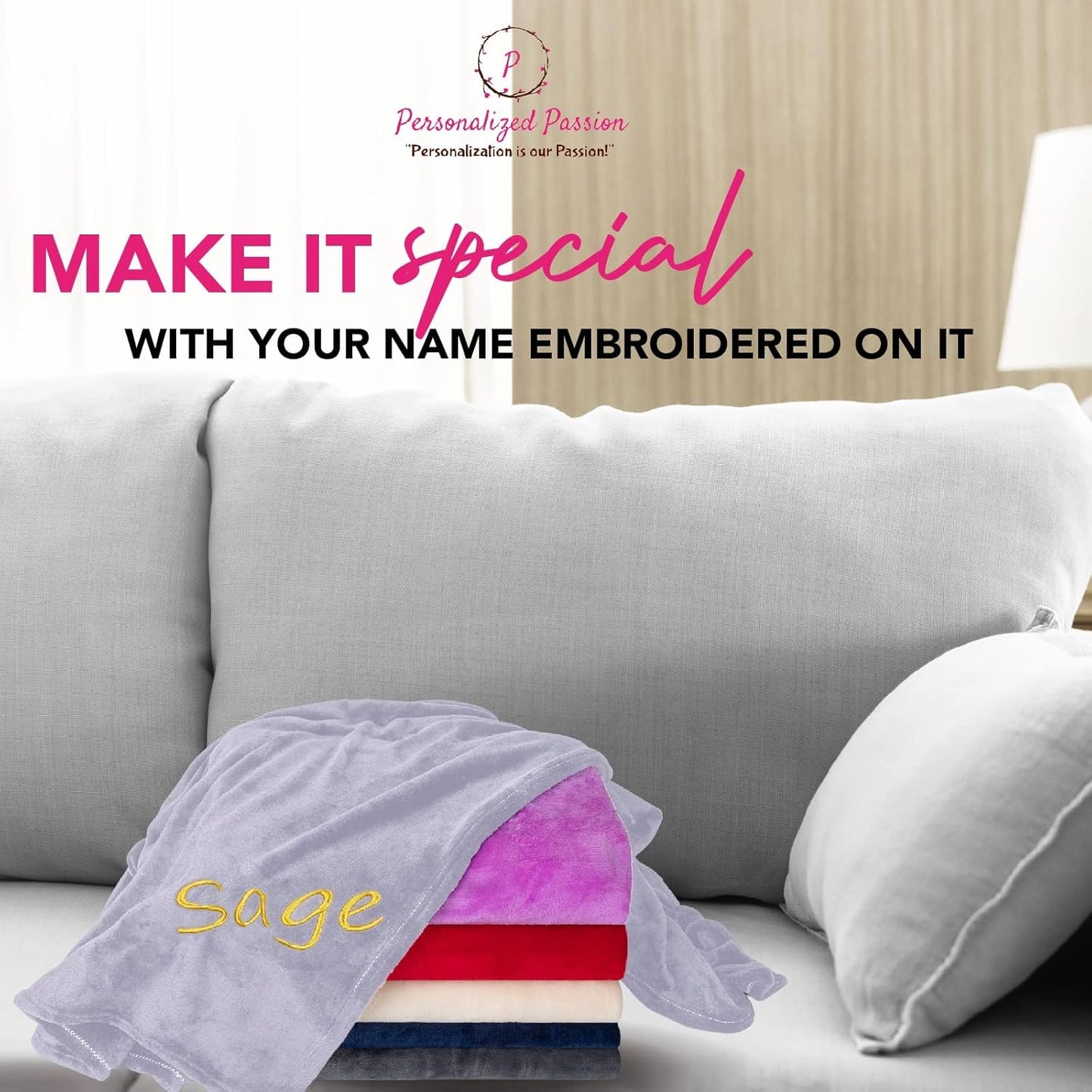 Personalized Blankets for Adults - Custom Blanket with Embroidered Name or Monogram - Soft Fleece Throw Cover for Bed & Couch - Silver (60"x80")