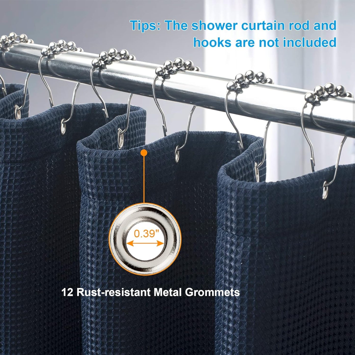 AmazerBath Waffle Shower Curtain, Navy Blue Fabric Shower Curtain with Waffle Weave, Heavy Duty Hotel Quality, 72 x 72 Inches