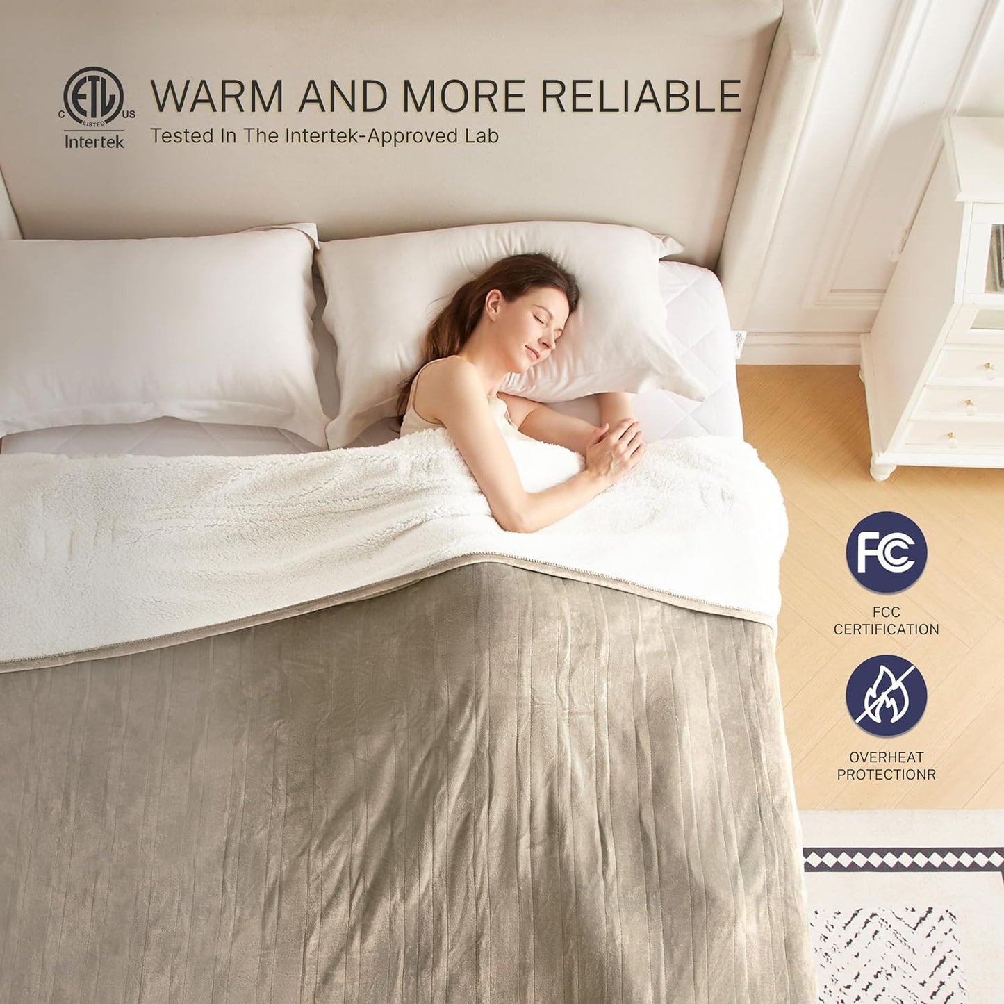 Electric Blanket Throw 50"x60" Heated Electric Blankets 10 Heating Levels 12 Time Settings 3 Hours Auto Off Fast Heating and Overheat Protection ETL Certified Machine Washable,Light Brown