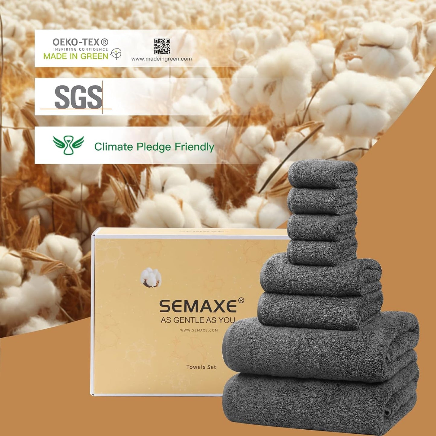 SEMAXE Bathroom Towel Set, 8-Piece Gray Cotton Towels with Loops – 2 Bath, 2 Hand, 4 Washcloths, Soft, Absorbent & Durable