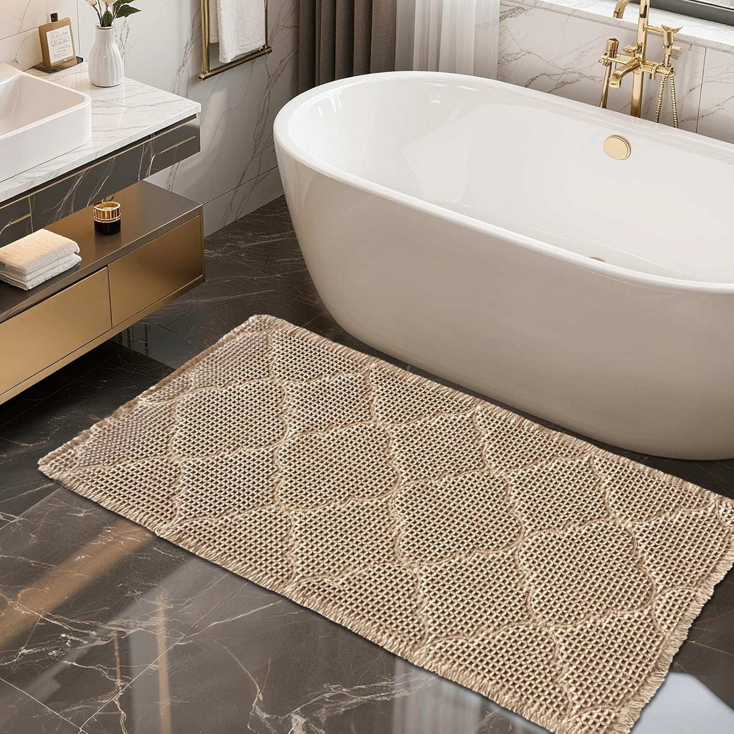 ZALL Tan Waffle Bath Mat,Super Absorbent Non Slip Bathroom Rug,Brown 24x48inch, Geometric Diamond Machine Washable Ultra Soft Floor Mats