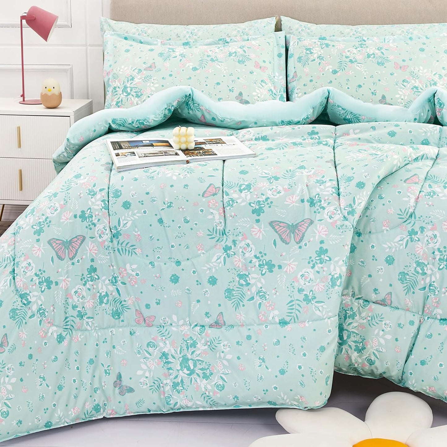 Viviland Kids Full Bedding Sets for Girls, Soft Full Comforter Set with Sheets, 7 Pieces Microfiber Bed in a Bag, Green Butterfly