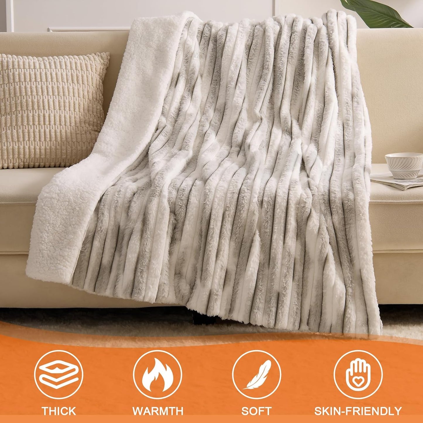Heated Blanket Throw - 50"x60" Fast Heating Bed Electric Blankets Throw with 6 Heating Levels & 4 Hours Auto Off, Soft Ribbed Faux Fur Sherpa, Over-Heated Protection ETL, Light Gray