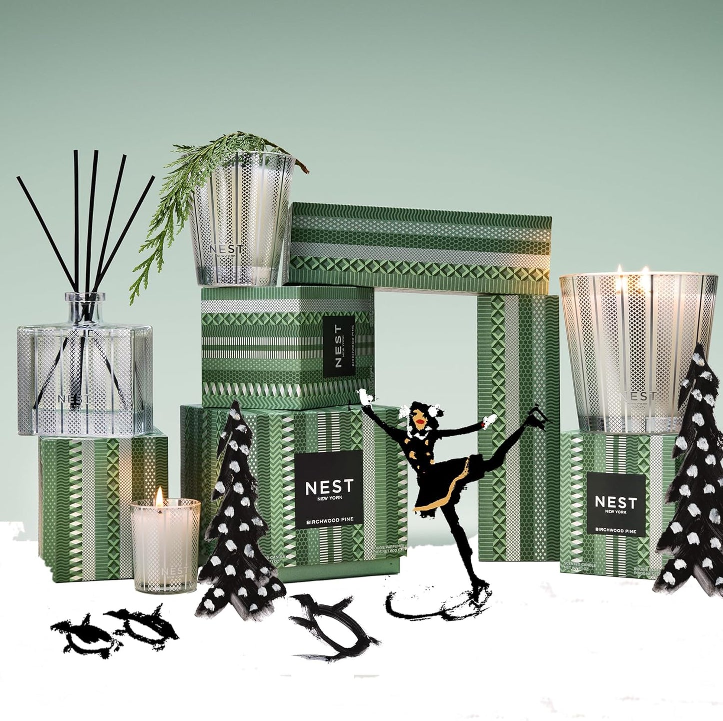 NEST New York Scented Classic Christmas Tree Candle, Birchwood Pine - 8.1 oz - Up to 60-Hour Burn Time - Reusable Glass Vessel