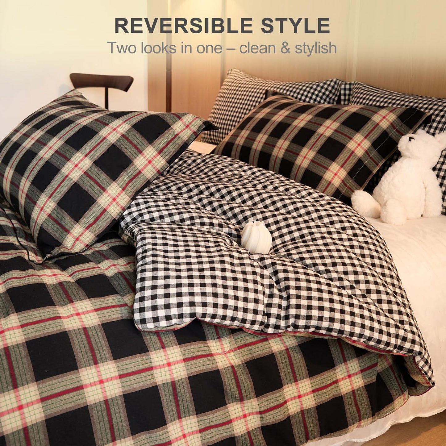 100% Cotton Comforter Set Full Size – Reversible Yarn-Dyed Checkered Design, Soft Washed Cotton on Both Sides, Lightweight All-Season Bedding, Machine Washable(Black Red Plaid, 80”x90”)