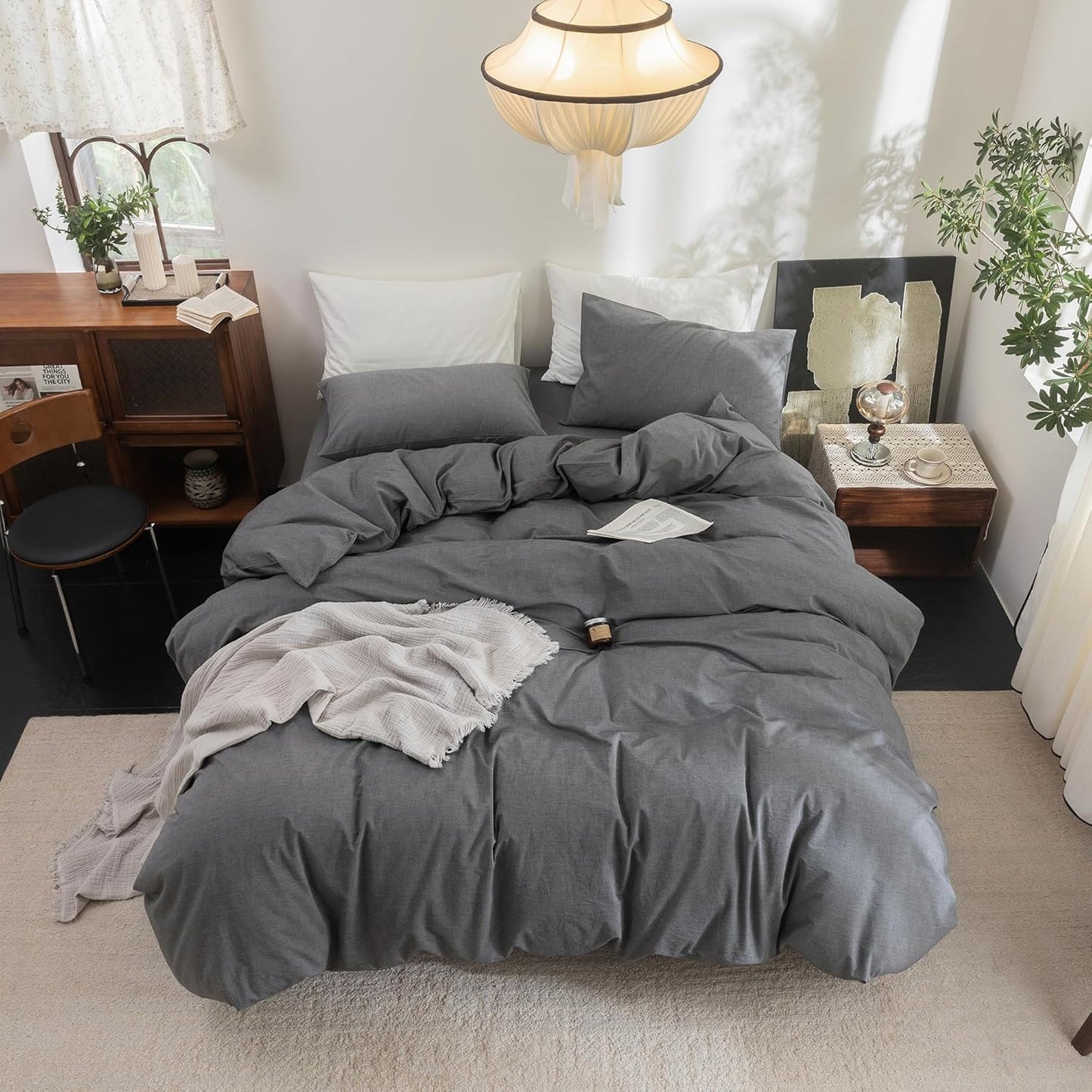 FOSSA Duvet Cover Set 100% Washed Cotton Linen Feel Super Soft Breathable Cozy 3 Pieces Bedding Sets Solid Dark Grey Super Queen