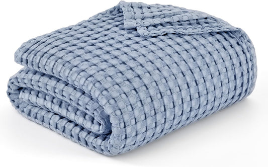 Bedsure Cooling Cotton Waffle Full Size Blanket - Lightweight Breathable Blanket of Rayon Derived from Bamboo for Hot Sleepers, Luxury Throws for Bed, Couch and Sofa, Fog Blue, 80x90 Inches
