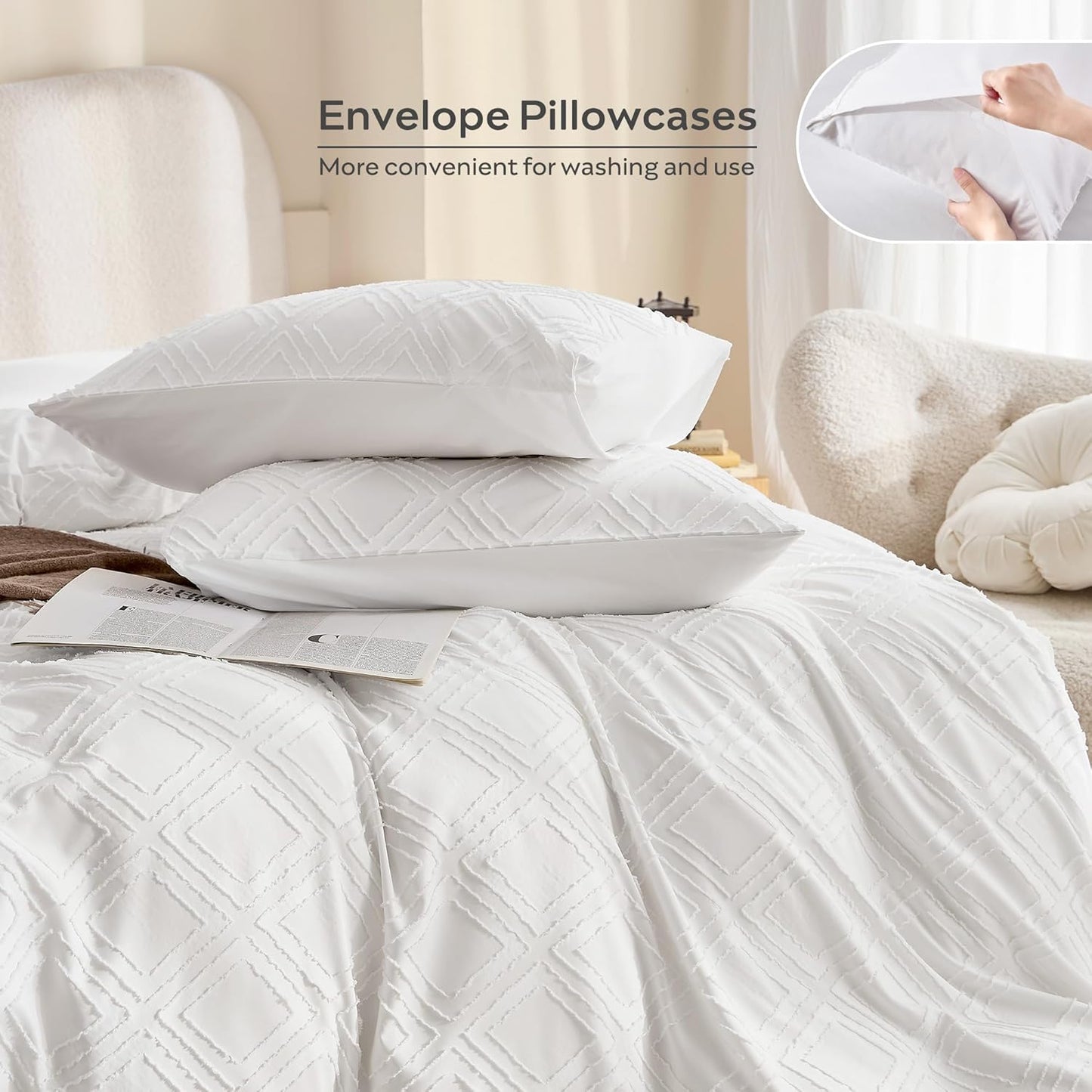 JELLYMONI Duvet Cover Twin Size Bright White - 3PCS Boho Duvet Cover Set Plaid Polyester Tufted Bohemian Jacquard Knit Textured Comforter Cover 68×90in Rhombic Geometric Pattern Corner Ties & Zipper