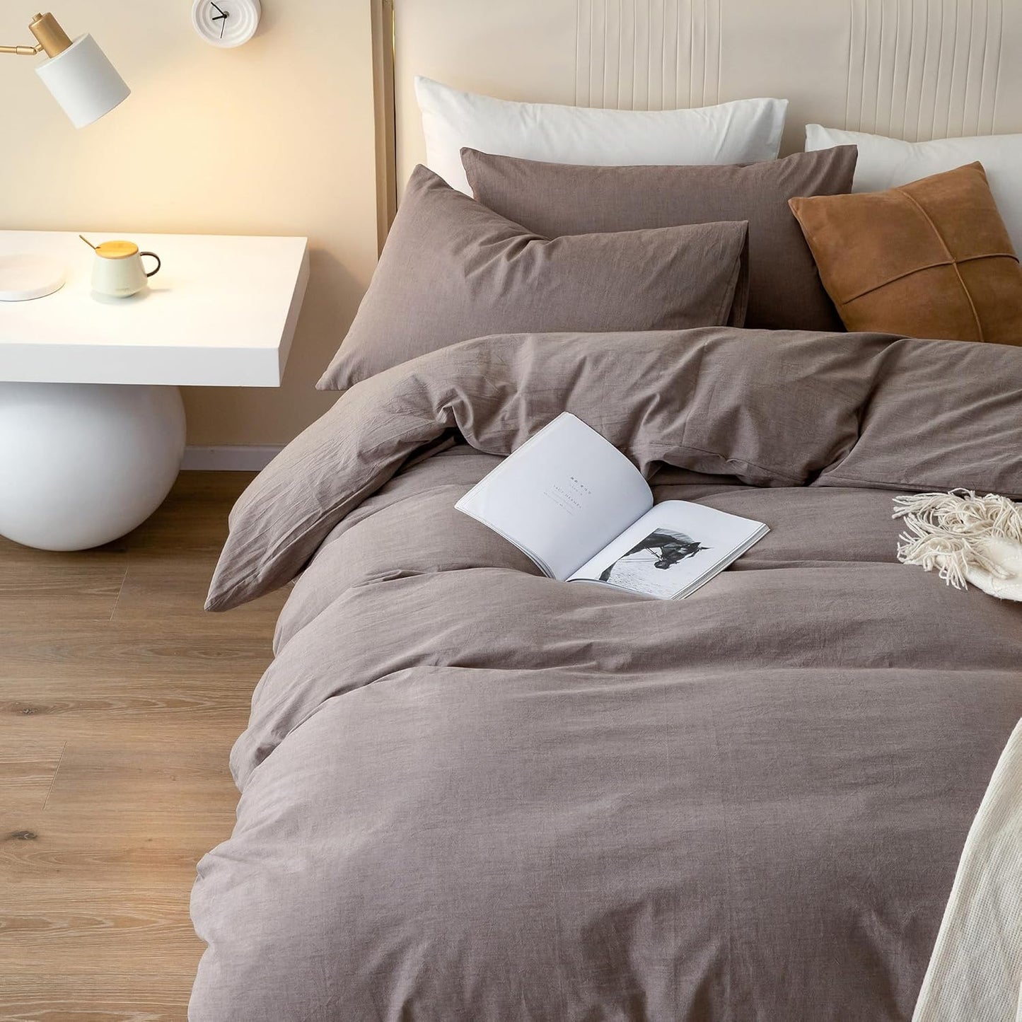 JIYUAN 100% Washed Cotton Duvet Cover Set 3 Pieces Alaska King, 1 Duvet Cover 132x120 Inches(Comforter Not Included) and 2 Pillowcases,Linen Like Comfy and Breathable,Heathered Mauve Brown