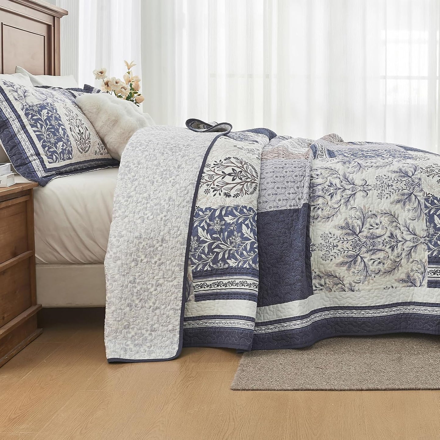 100% Cotton Quilt Set King Size - Floral Quilted Comforter, Patchwork Botanical King Quilt Bedspread, Reversible Vintage Farmhouse Lightweight Bedding for King Bed, 3pcs, Blue/Beige