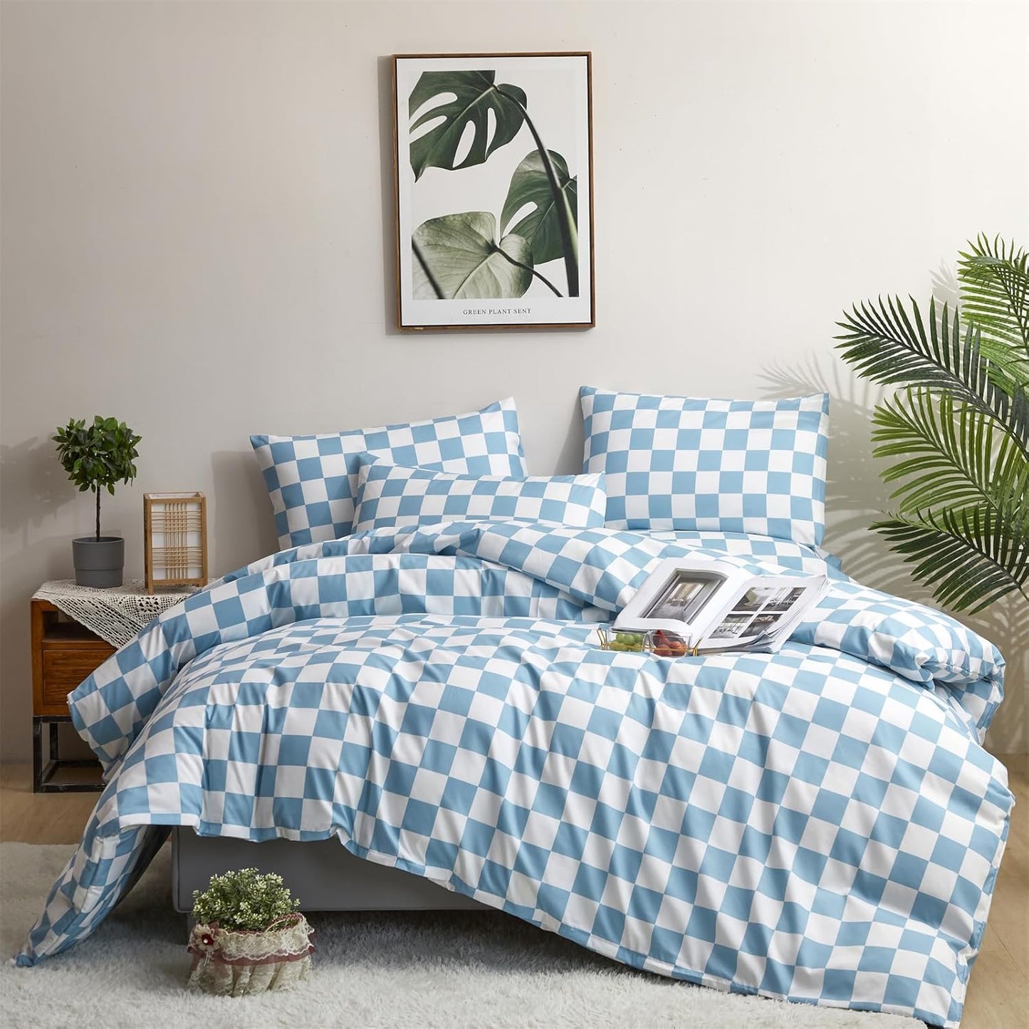 KAREVER Blue White Grid Comforter Set Cal King Blue Plaid Bedding Set Women Blue White Checkered Bed Blanket Set Men Durable Breathable Bedding Comforter Set