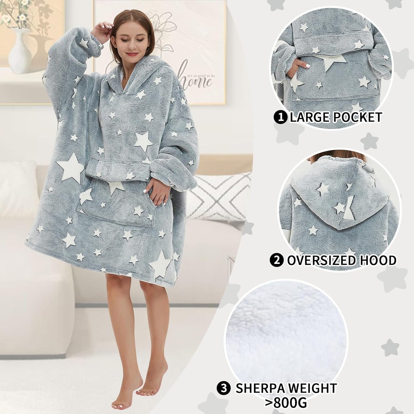 Glow in The Dark Wearable Blanket Hoodie for Adult,Oversized Sherpa Fleece Blanket Hoodie for Women Men,Luminous Stars