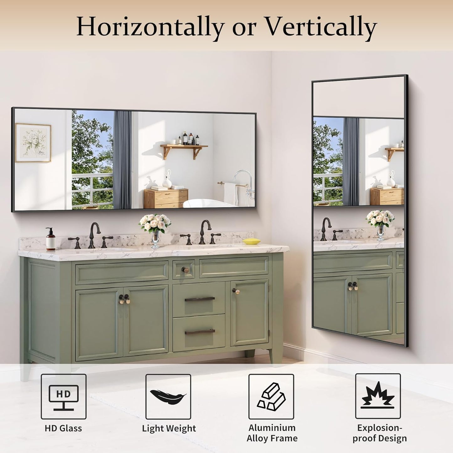 Black Bathroom Mirror for Wall, 24x60 Inch Rectangle with Metal Frame, Modern Vanity for Bathroom Living Room, Entryway Hangs Horizontal or Vertical