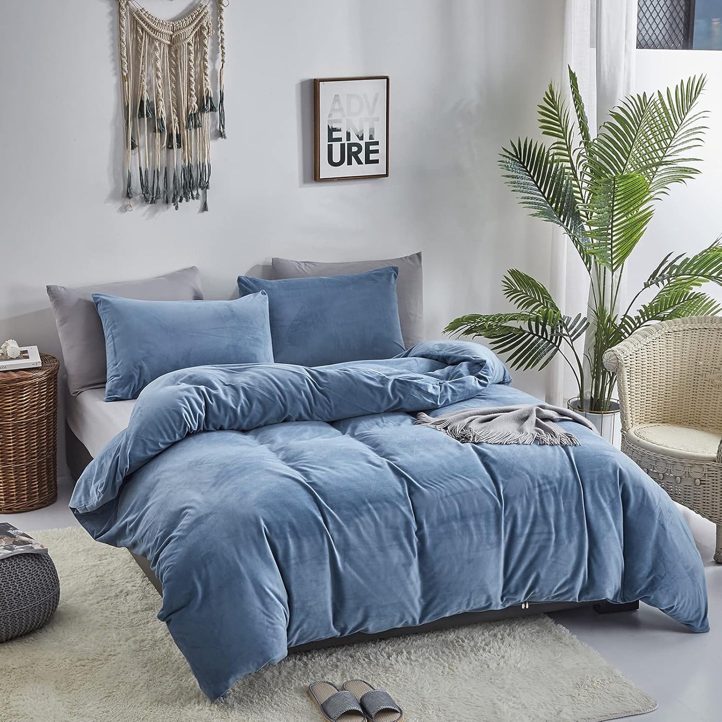 Cottonight Blue Velvet Twin Bedding - Bright Blue Flannel Blanket Quilts Winter Warm Thick Heavyweight 3 Pcs Comforter Set