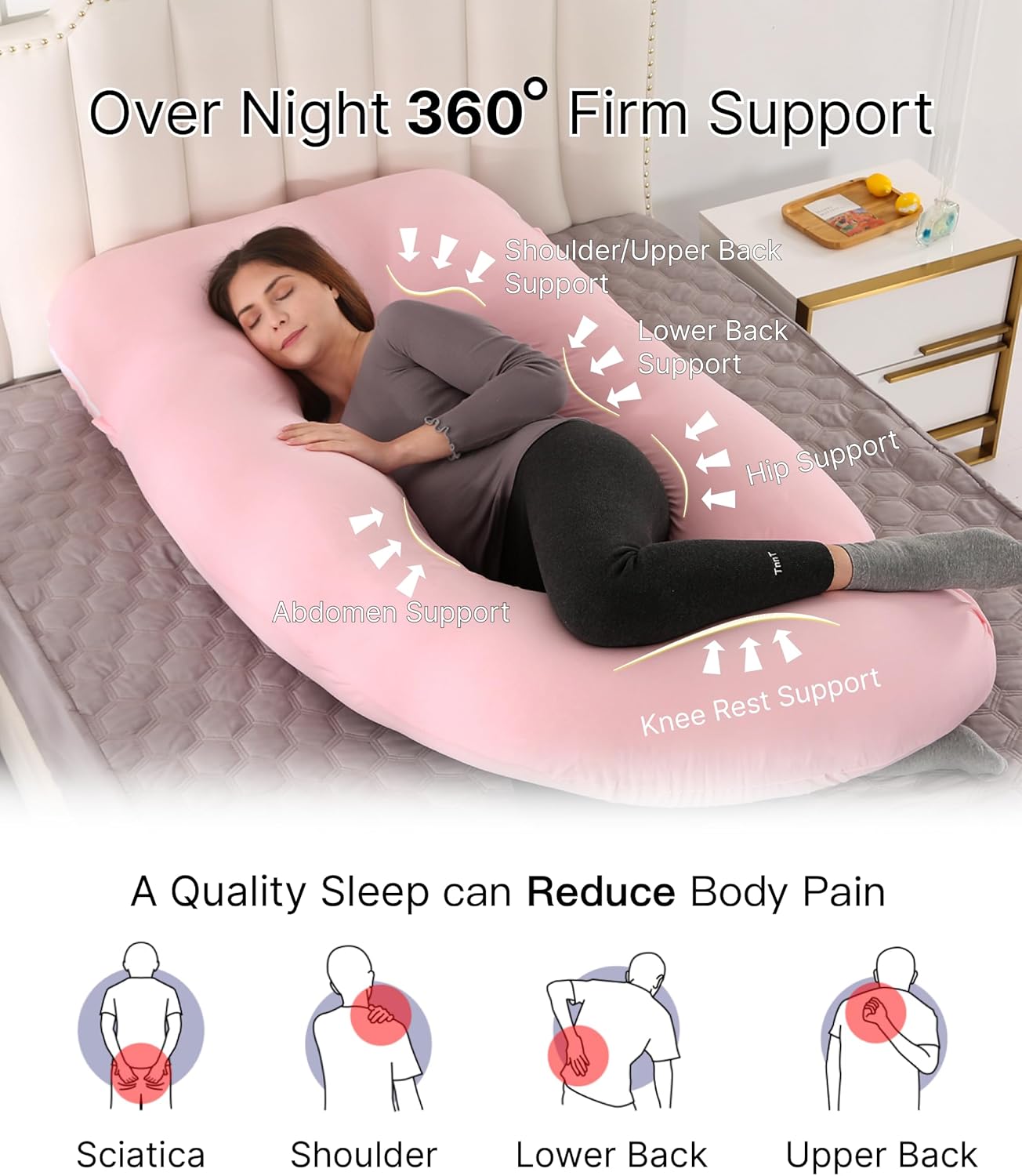 ALLOPERA Pregnancy Pillow, Full Body Maternity Pillow 57 inch, with Removable Washable Cover - Sleep Support for Legs, Back, Neck, Shoulder, HIPS, Belly for Pregnent Women, Jersey Knit Cotton (Pink)