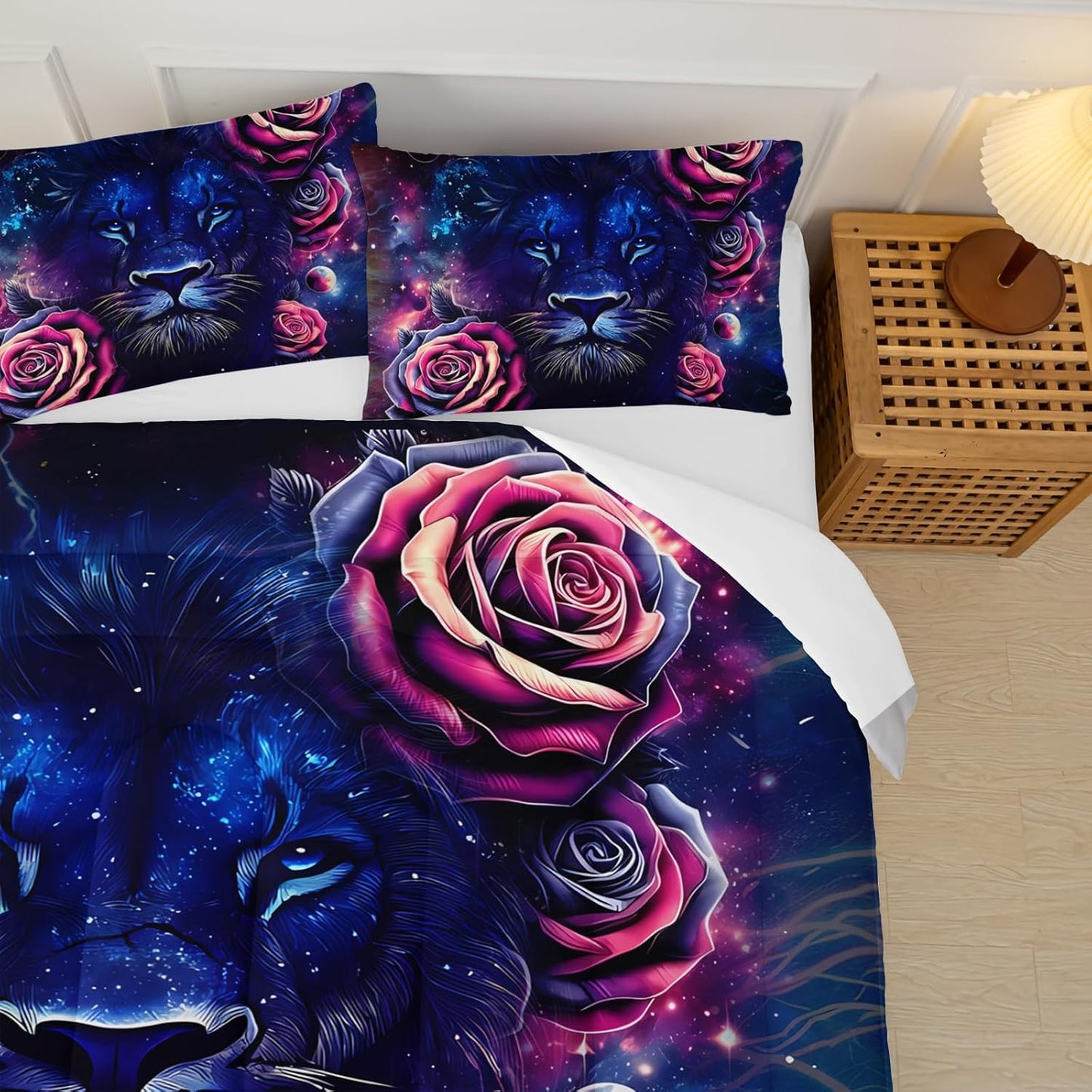Black and Red Galaxy Roses Lion Comforter Set Full Size，Full Size Bedding Set Animal Print，Jungle Animal Bedroom Decor，with 1 Comforter with 2 Pillow Case