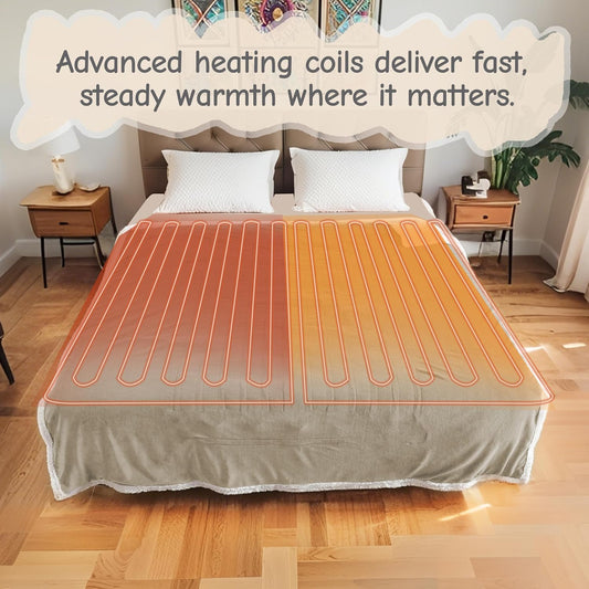 Electric Heated Blanket Queen Size 84"x90", Soft Flannel with Dual Controllers & Overheat Protection, 6 Adjustable Heat Settings & 10-Hour Auto-Off Timer, Fast Heating for Winter Comfort, Camel