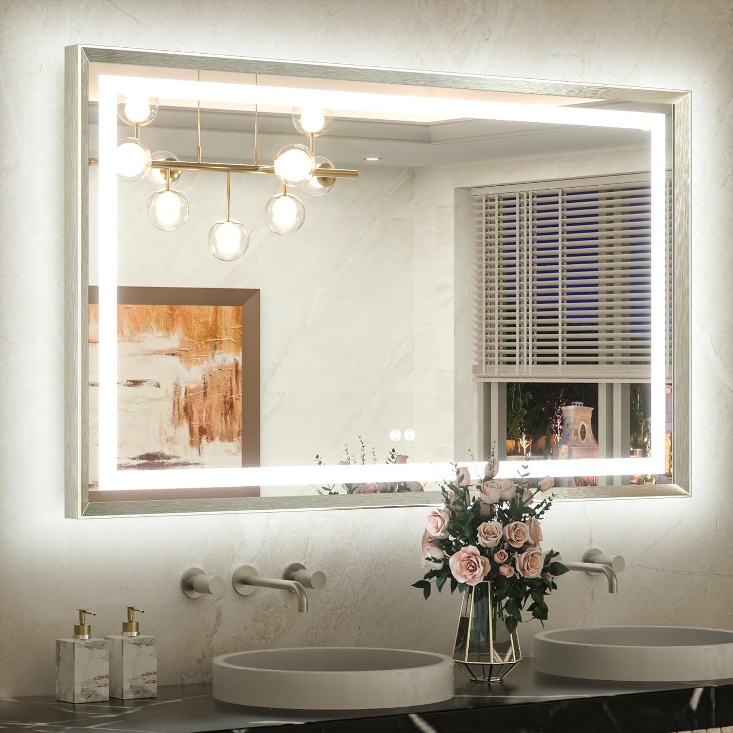 TETOTE 48 x 30 Large Bathroom Mirror Brushed Bright Nickel Metal Frame Frontlit & Backlit Vanity Mirror 3 Colors White/Warm/Natural Stepless Dimmable Anti-Fog Bathroom Mirrors for Vanity Wall-Mounted