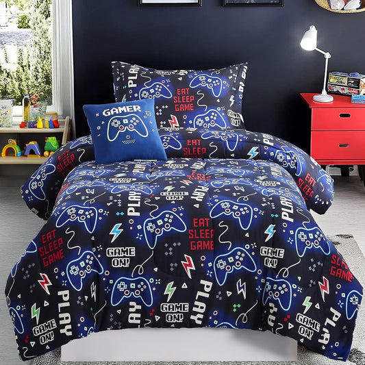 Full Size Comforter Set for Boys-4 Pieces Gamer Glow in The Dark Full Bedding Sets for Kids, 1 Comforter, 2 Shams and 1 Decor Pillow