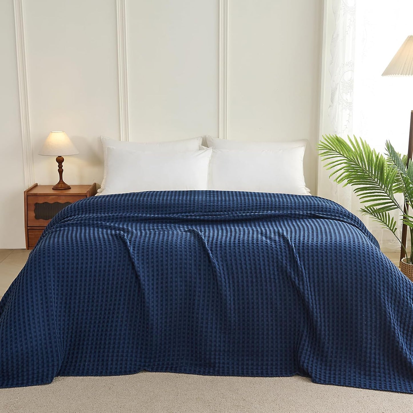 Aganear Waffle Blanket - Lightweight Breathable Summer Blanket of 50% Cotton and 50% Rayon Derived from Bamboo for Hot Sleepers Luxury Throws for Bed, Couch and Sofa,Navy,104x90 Inches