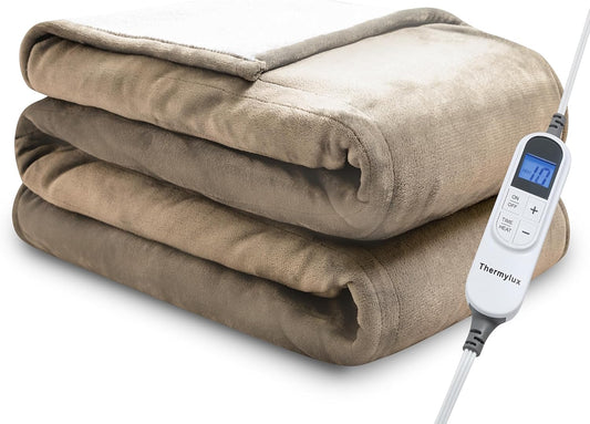 Electric Blanket Throw 50"x60" Heated Electric Blankets 10 Heating Levels 12 Time Settings 3 Hours Auto Off Fast Heating and Overheat Protection ETL Certified Machine Washable,Light Brown