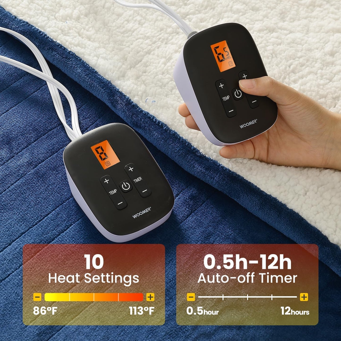 WOOMER Heated Blanket King Size,Durable Flannel and Soft Sherpa,Dual Control,90” × 100” Electric Blanket, 10 Heat Levels&0.5-12h auto-Off, Overheat Protection,Energy Efficient