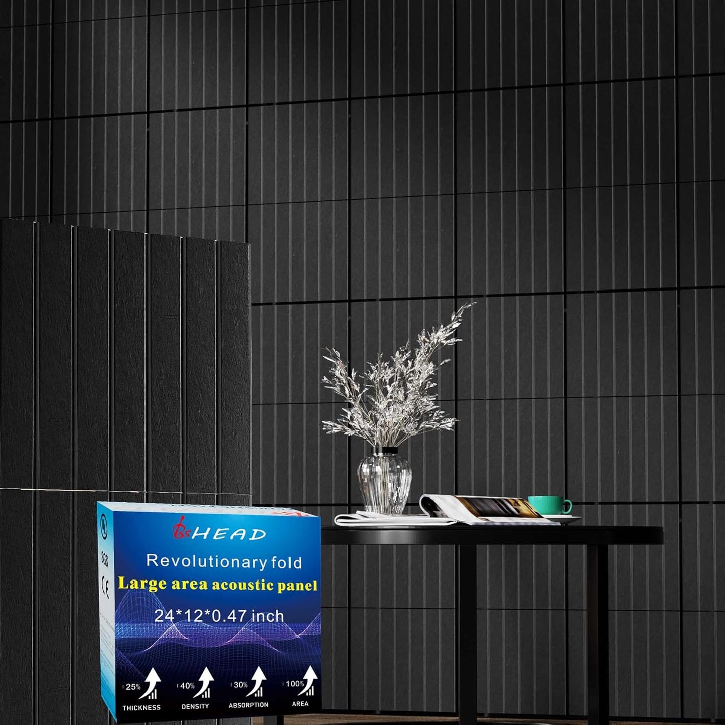 8 Pack Large- Fold, Soundproof Slat Wall Panel,24 x 12 x 0.47 in,Self Adhesive, 3D Fluted Sound Absorbing Panel, Acoustic Wall Panels,Studio, Home, Cinema,Office.(Black).