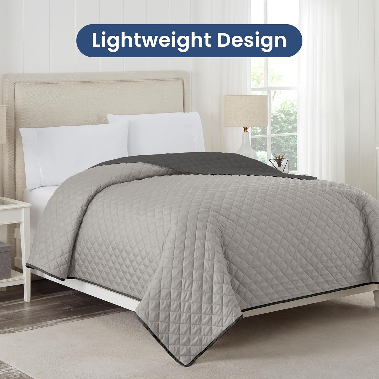 Martex Reversible Coverlet – Full Queen Size Quilt - Lightweight Full Size Bedding– Durable Queen Size Quilts for Bed – Soft - Easy Care Bedding – Light Gray/Graphite