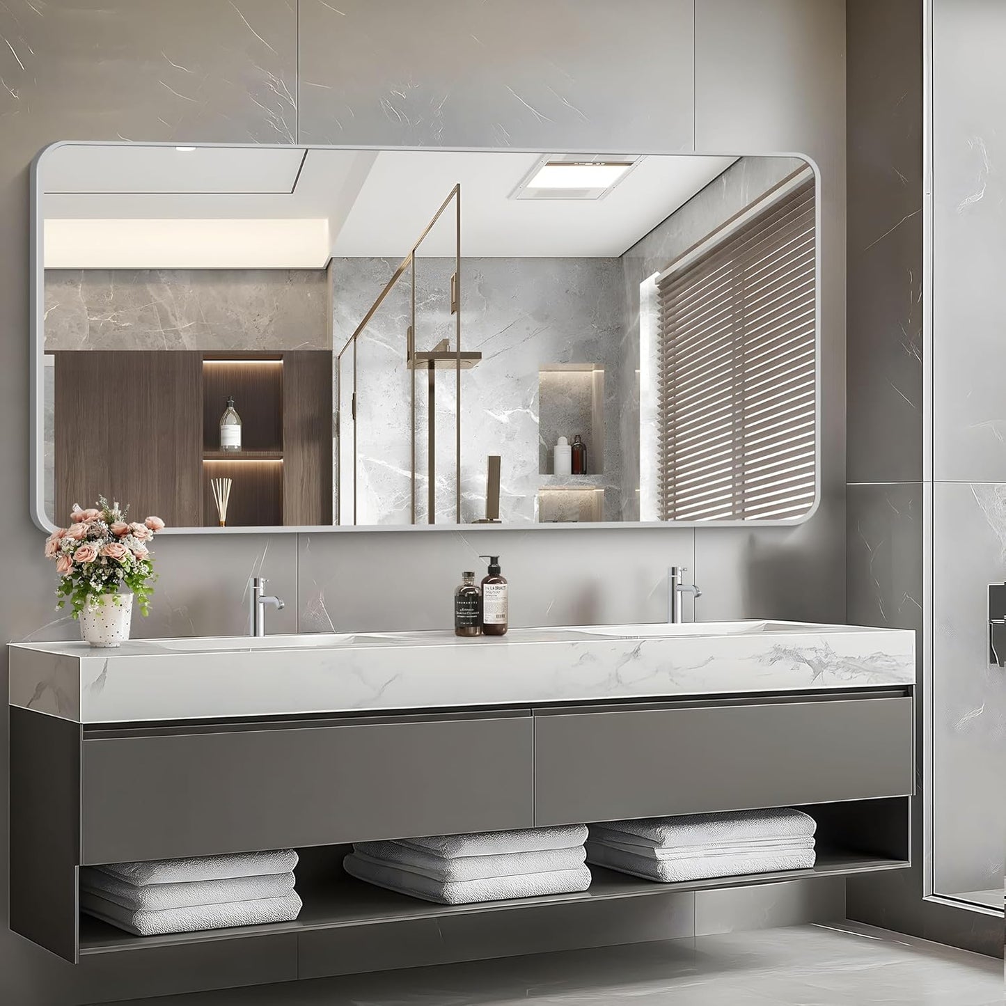 30x60 Inch Silver Bathroom Mirror, Large Rectangular Vanity Mirror, Metal Framed Rectangle Mirror, Rounded Corner Wall Mounted Mirrors for Living Room Bedroom Entryway Horizontal or Vertical