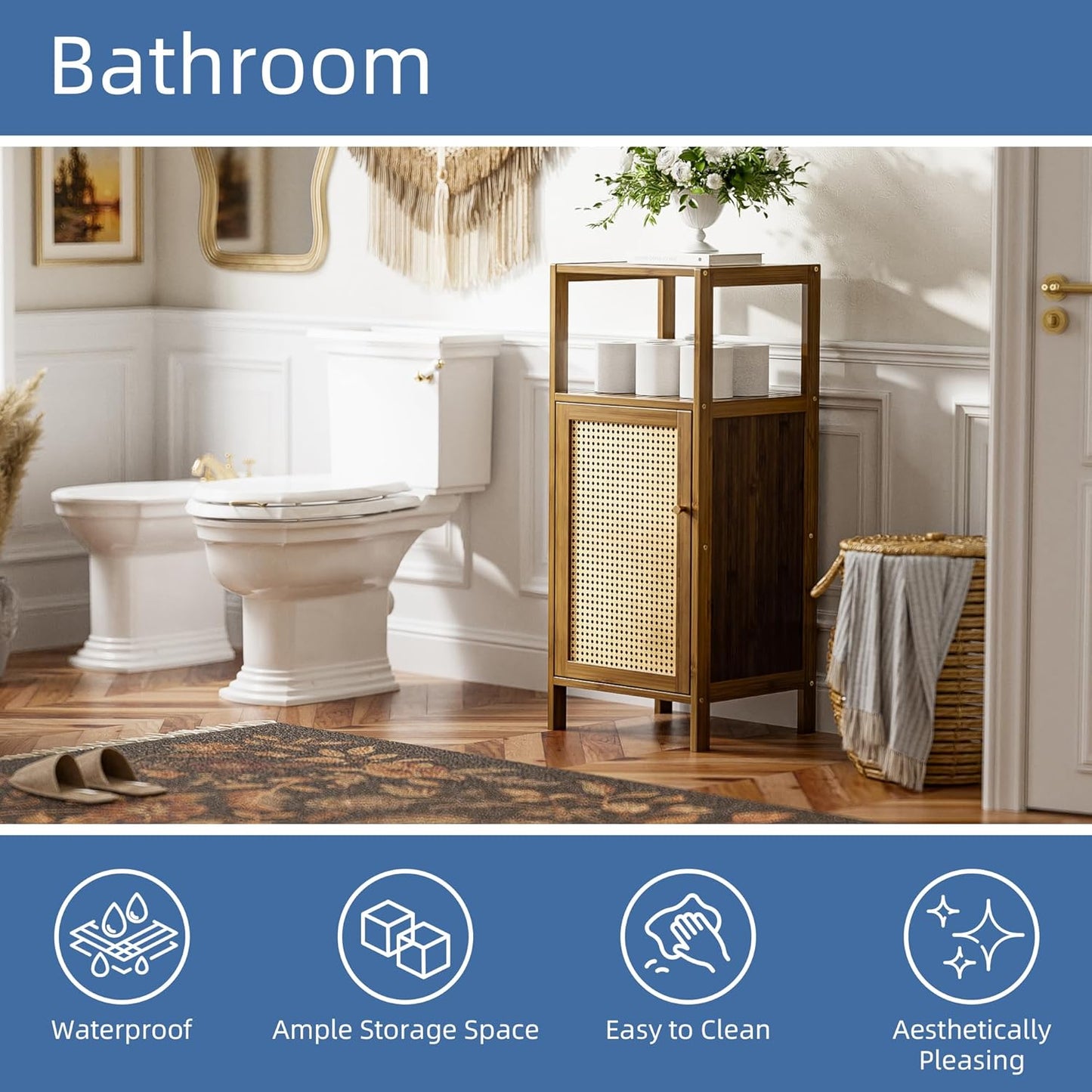 HITNET Rattan Bathroom Floor Cabinet, Bamboo Storage Cupboard with Single Door, Freestanding Small Living Room Sideboard, Space Saving Entryway Storage Unit, Walnut